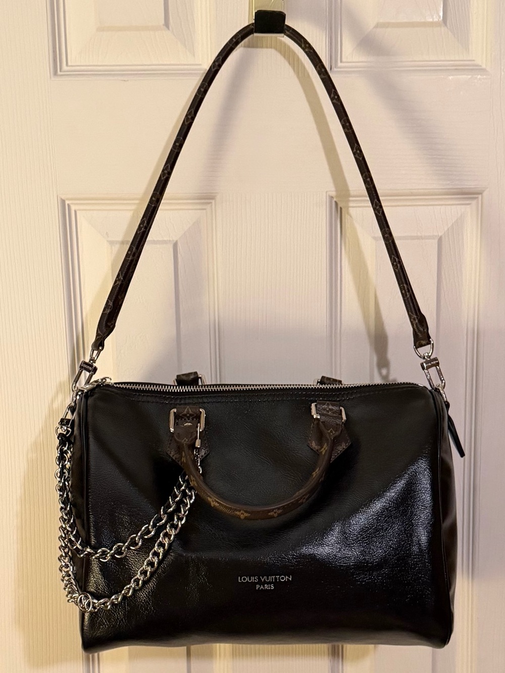 Black Patent Satchel with Silver and Black Chain Charm